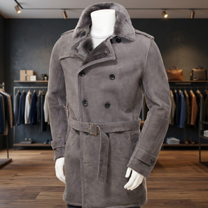 Men's <b>Suede</b> Double Breasted Trench Coat With Faux Fur Collar And Belt Winter Smart Casual Long <b>Jacket</b> - Product Image 2