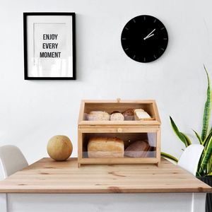Double Layered Bamboo Bread Box With Transparent Window Large Capacity Wooden Storage For <b>Kitchen</b> Countertop Freshness - Product Image 1