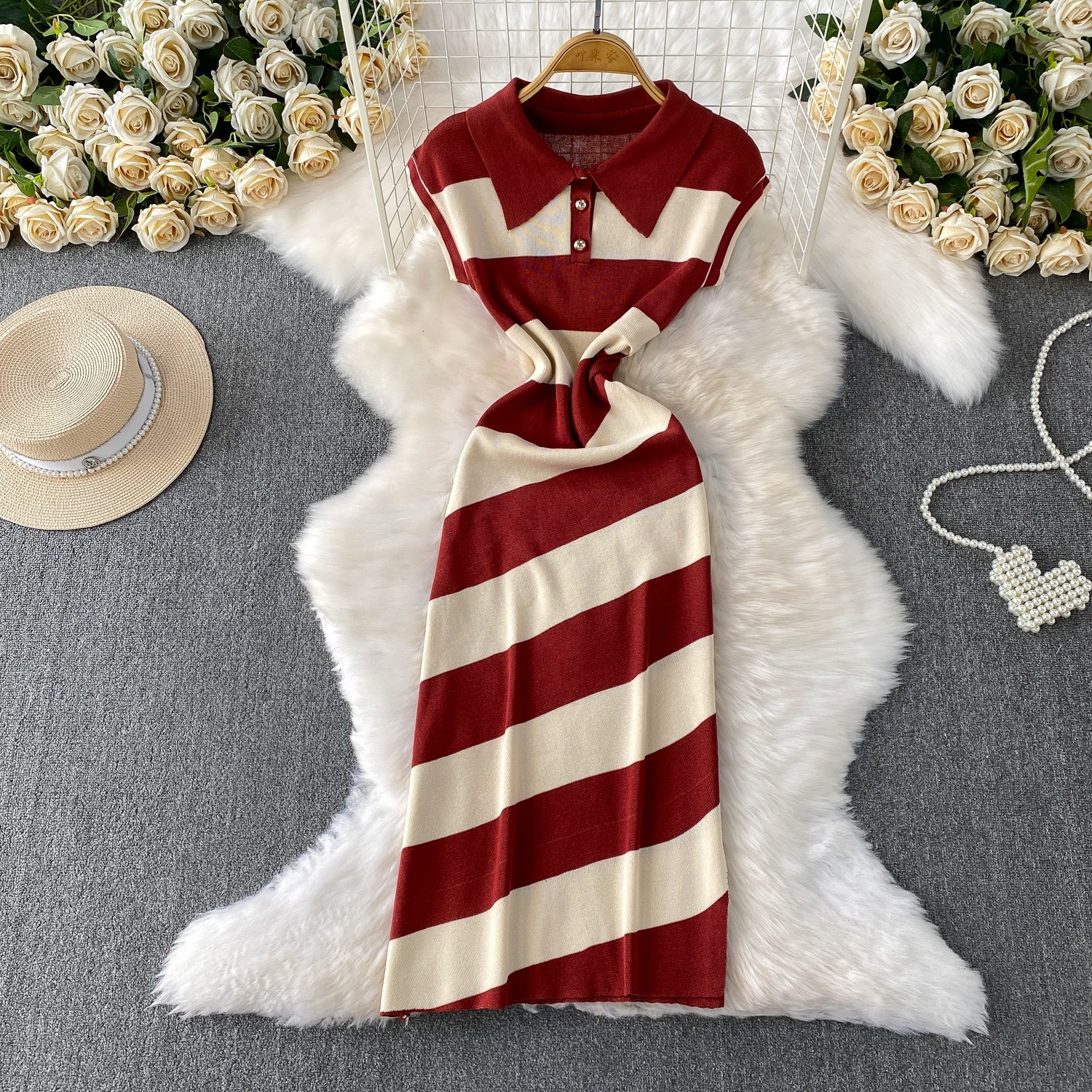 Korean Style Elegant Women's Summer Knit Midi Casual Polo Collar Slit Dress