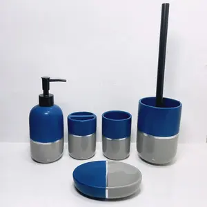 Atacado Acessórios De Banho De Cerâmica Set 5 Mármore Decal Soap Dispenser Tooth Brush Holder Tumbler Soap Dish Toilet Brush Holder