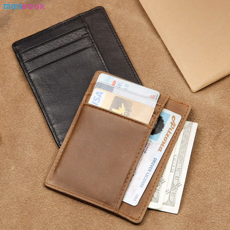 OEM Custom Men Genuine Leather Minimalista Ultra Slim Titular Do Cartão Carteira Rfid Frente Fina Bolso Carteira Para O Homem