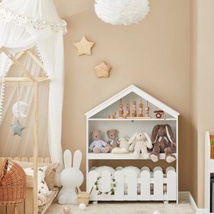 Children Wooden House Bookshelf Containing Toy Storage Box with Wheels Toy Organizer Cabinet Kids Bookcase Shelf Baby Furniture