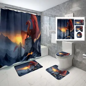 4 Conjuntos Cortina de Chuveiro Tema Dragão Conjuntos com Tapete de Banho Antiderrapante Tampa Do Vaso Sanitário e Medieval Fantasy World Shower Curtain Set