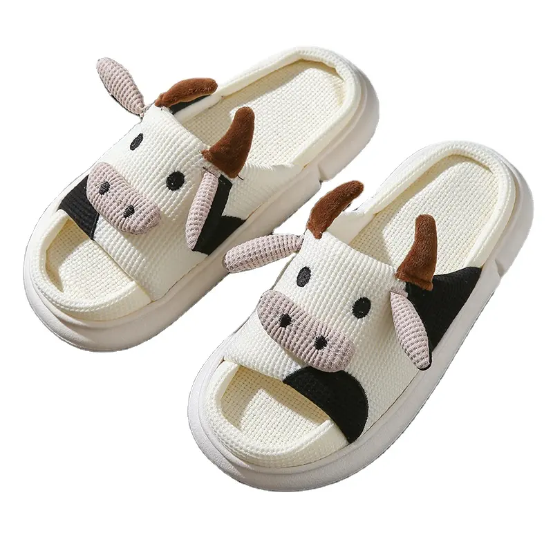 Cartoon Frog Cow Animal Flax Slippers Casual Winter Indoor Home Thick Sole Slippers for Women