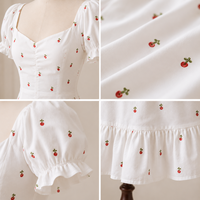 Robe mini blanche brodée cerisier à manches bouffantes, coupe trapèze, col cœur, ajustée, en coton, décontractée d'été, logo personnalisé