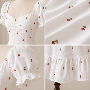 Robe mini blanche brodée cerisier à manches bouffantes, coupe trapèze, col cœur, ajustée, en coton, décontractée d'été, logo personnalisé - Product Image 4