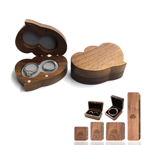 Heart Shape Wooden Ring Box Couple Rings Box for Engagement Wedding Cute Two Slots Black Velvet Ring Storage Box Case