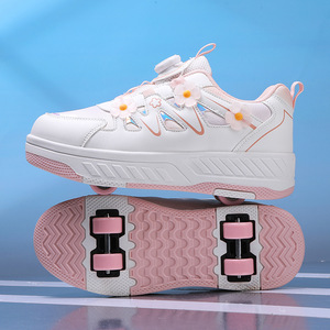 Chaussures de sport pour enfants avec roulettes, design floral blanc et violet pour filles, taille 30-37, semelle extérieure en TPU, semelle intermédiaire en EVA, doublure en mesh - Product Image 2