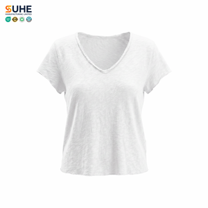 SUHE Custom All Seasons <b>White</b> 100% Cotton Washed V-Neck Loose Fit Short Sleeve Embroidery Casual Women's T-Shirt Anti-Shrink - Product Image 1