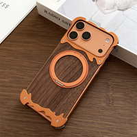 Nouvelle conception – Coque de téléphone en aluminium détachable avec support en bois pour iPhone 16 17 18 Pro Max, avec anneau rotatif à 360° et protection antichoc magnétique