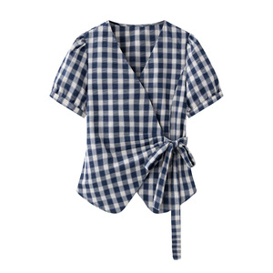 Chemise écossaise à carreaux pour femmes, nouvelle <span class=keywords><strong>chemisier</strong></span> d'été à col en V, froncée, à nouer à la taille, à manches bouffantes, coupe ajustée - Product Image 4