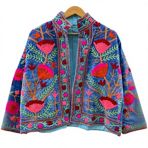 Chaqueta de terciopelo bordada para mujer, con estampado floral, cuello mandarín, manga larga, ropa de abrigo para otoño - Product Image 2