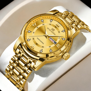 Fashion Mens Luxury Gold Watch Diamond Studded Dial Roman Numeral Quartz Wristwatch with Day Date for Gift - Product Image 1