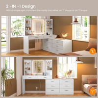 100 MOQ Coiffeuse en MDF grande en forme de L avec éclairage LED et 6 tiroirs