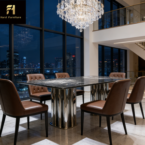 Tavolo da Pranzo di Lusso Moderno per 6 Persone in Acciaio Inossidabile e Marmo con Piano a Specchio Riflettente per Uso Alberghiero - Product Image 3