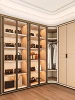 Dressing moderne de luxe sur mesure, armoire vitrée avec îlot central, meuble de rangement haut de gamme pour chaussures et sacs