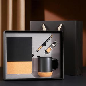 Corporate Gift Set Travel Ceramic <b>Mugs</b> Cork Wooden Base Porcelain Cup Lids Handle Handgrip Pattern Promotional Business Gift Set - Product Image 1