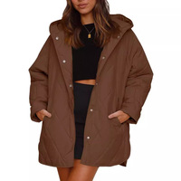 Damen Casual Kapuzen-Steppjacke Mittellang mit Druckknöpfen Locker Sitzender Warmer Wintermantel mit Seitentaschen
