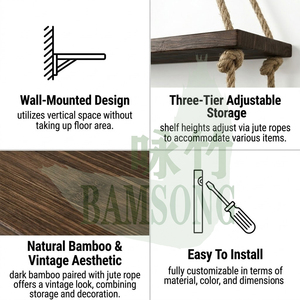 Estante Colgante de Bambú con Cuerda de Cáñamo, Estilo Boho Vintage, Estante de Almacenamiento de 3 Niveles para Plantas y Decoración - Product Image 3