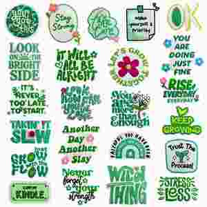 Patch brodé thermocollant écologique, vert frais, bleu, rose, violet clair, avec des phrases et mots inspirants en anglais sur l'énergie positive - Product Image 3