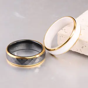 All'ingrosso 6MM placcato oro in acciaio inox rombo taglio o anello in ceramica nero bianco fidanzamento ceramica coppie anelli