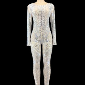 Tenue de soirée Sexy transparente avec perles et strass, tenue de Club, chanteur, danse, justaucorps, body moulant pour femmes, combinaison une pièce brillante - Product Image 1
