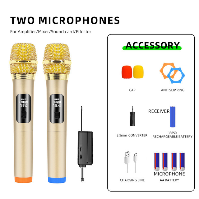 2.4G Wireless Handheld Mic Dual Channel Gold Design Wireless Handheld Microphone Cordless Mic for KTV Stage Party