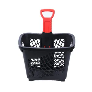 Black Color Plastic Shopping Basket With Wheels