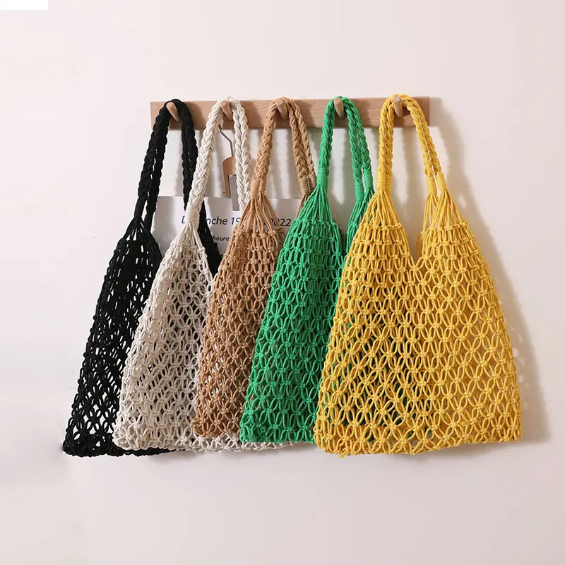 2023 Colorful Vintage Retro Crochet Rope Shoulder Bag Neautral Crochet Net Mesh Beach Tote Bag Summer