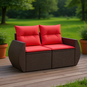 โซฟาลานบ้าน 2 ที่นั่งหวายโพลีสีน้ำตาลพร้อมเบาะรองนั่ง โซฟาสวนกลางแจ้ง ดีไซน์ร่วมสมัย เฟอร์นิเจอร์ที่ทนทาน - Product Image 2