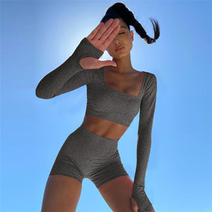 Las mujeres de manga larga pantalones cortos 2 piezas <span class=keywords><strong>biker</strong></span> corto conjuntos mujeres de dos piezas trajes - Product Image 3