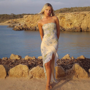 Elegante Abito Lungo Senza Maniche con Scollo <span class=keywords><strong>a</strong></span> Fascia, Stampa Floreale, Spacco <span class=keywords><strong>e</strong></span> <span class=keywords><strong>Vita</strong></span> <span class=keywords><strong>Alta</strong></span> per Donne - Product Image 1