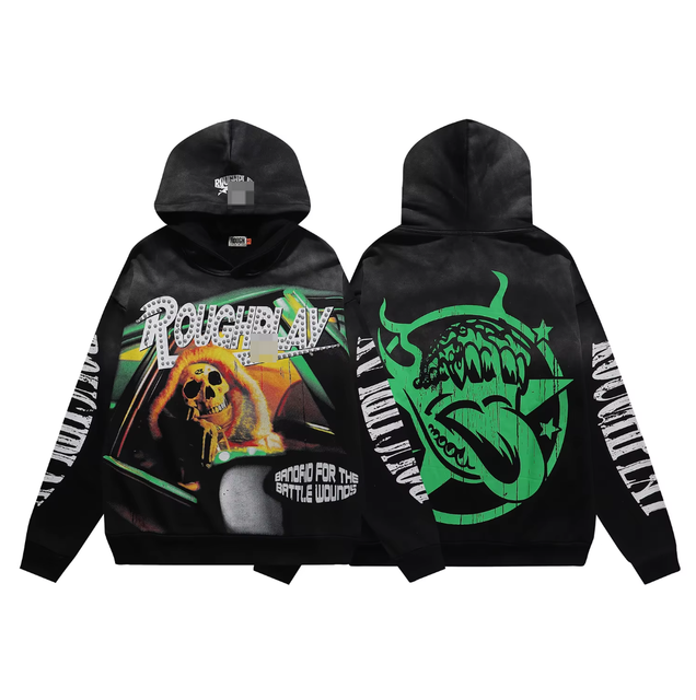American-style High-street Rough Play Retro Distressed Washed Pure Cotton Breathable Moisture-wicking Hoodie Devil Skull Print