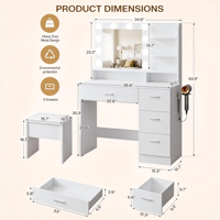 Coiffeuse et table de maquillage blanche moderne avec miroir LED style Hollywood et 4 tiroirs de rangement pour chambre à coucher