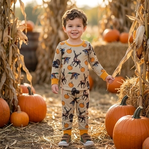 En stock: Conjuntos de ropa casual para niños, pijamas y ropa de dormir con estampado de patos mallard y calabazas, ideales para la temporada de caza de otoño. - Product Image 3