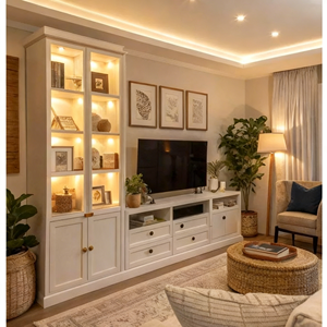 Meuble TV BLOM personnalisable en bois massif de haute qualité avec éclairage LED intégré et étagère ouverte, meilleur prix, support TV - Product Image 2
