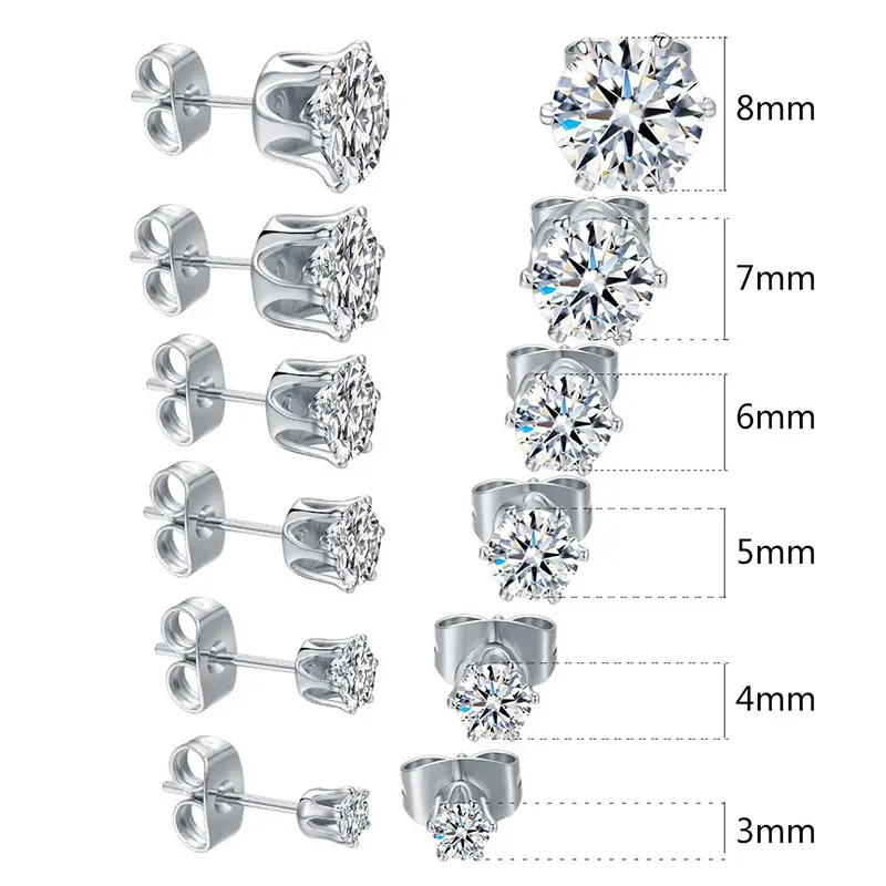 Simple Fashion Jewelry Women Gold Plated Stainless Steel Prong Set Clear Round Cubic Zircon Earrings