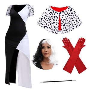 Costume de Voleuse Noir et Blanc pour <span class=keywords><strong>Femme</strong></span> avec Cape en Fausse Fourrure Tachetée et Gants Rouges – Tenue de Spectacle Scénique en Gros - Product Image 2