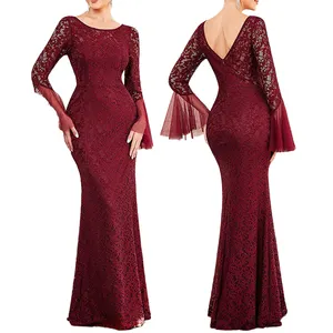 Customized Elegant Women Lace Bodycon Evening Dress Ladies Bell Sleeve Maxi Dresses