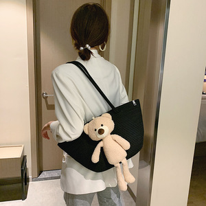Sac fourre-tout tissé avec décoration ours en peluche, grande capacité, coton et lin, pour le quotidien printemps-été - Product Image 3