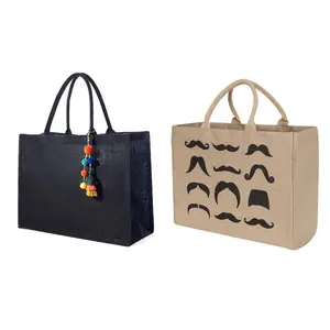 Bolsas de compras de arpillera con asa de correa de cuero, bolsas de yute con logotipo impreso a la moda Eco