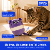 Jouet pour chat en peluche violette avec herbe à chat, queue sonore froissée et yeux brodés style anime