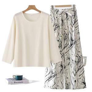 Women's Loose Long Sleeve Top And Printed Wide Leg Pants Set XL4XL3XL2XL Polyester Spring Autumn Wear - Product Image 4
