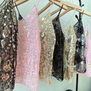 Hot Same Summer Female Heavy Industry Sequin Studs <strong>Sparkly</strong> Sexy Beading Tank <strong>Top</strong> Women's V-neck Short <strong>Vest</strong> - Product Image 2