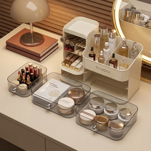 Cosmetic Storage <b>Box</b> With Drawers Creamy White Acrylic <b>Makeup</b> Organizer Tabletop Skincare Compartment Shelf - Product Image 1
