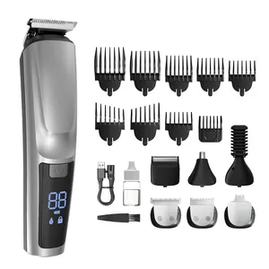 Unibono Silver Metal Casing Rechargeable Cordless LED Display Barber Beard Trimmer Hair Clipper Grooming Kit For Men