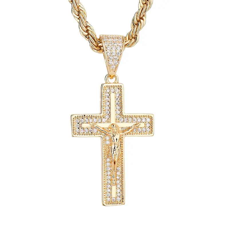 Miami Atlanta Hip Hop 14K chapado en oro Jesús religión Cruz zirconia cúbica cobre colgantes y collares