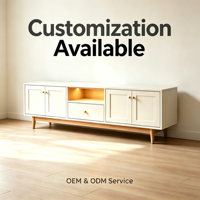 Meuble TV Minimaliste Mid-Century Personnalisé avec Portes à Panneaux Encastrés, Étagère Ouverte Éclairée, Boutons en Bois et Pieds Coniques pour Appartement
