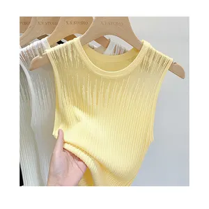 Mesh Curved Bead Knitted Summer Small Sexy Strap Tank Top for Women's Inner Wear Sleeveless Short Top for Outer Wear
