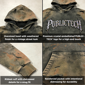 Fabricante OEM de Ropa, Sudadera Personalizada de 460 g/m², 100% Algodón, Corte Cuadrado, con Pedrería, Diseño a Mano, Lavado Ácido, Estilo Desgastado, para Hombre - Product Image 2